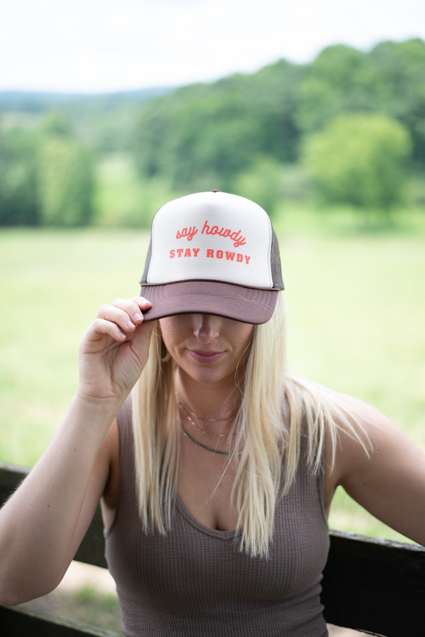 "Say Howdy Stay Rowdy" Trucker Hat - Brown/Tan