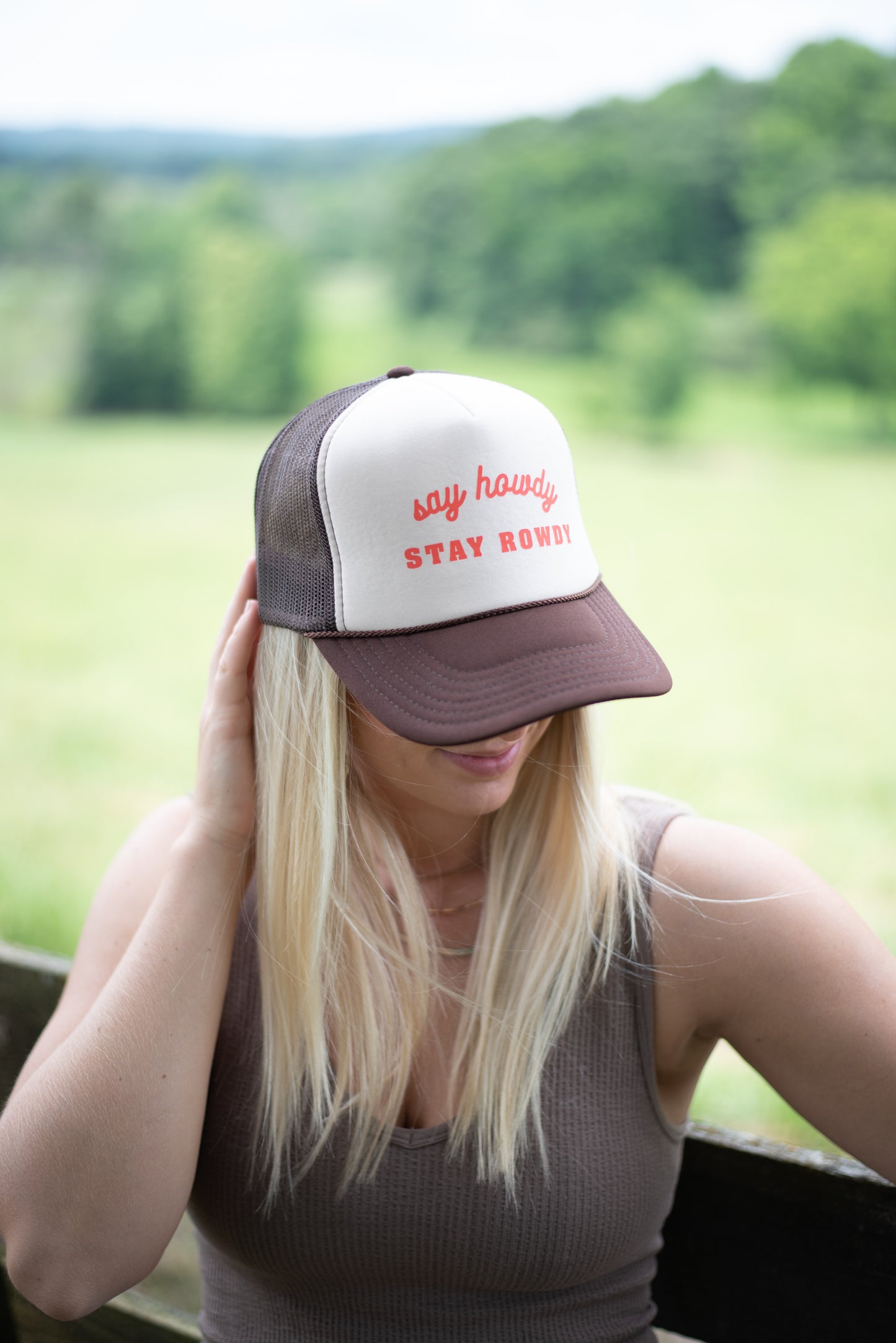 "Say Howdy Stay Rowdy" Trucker Hat - Brown/Tan