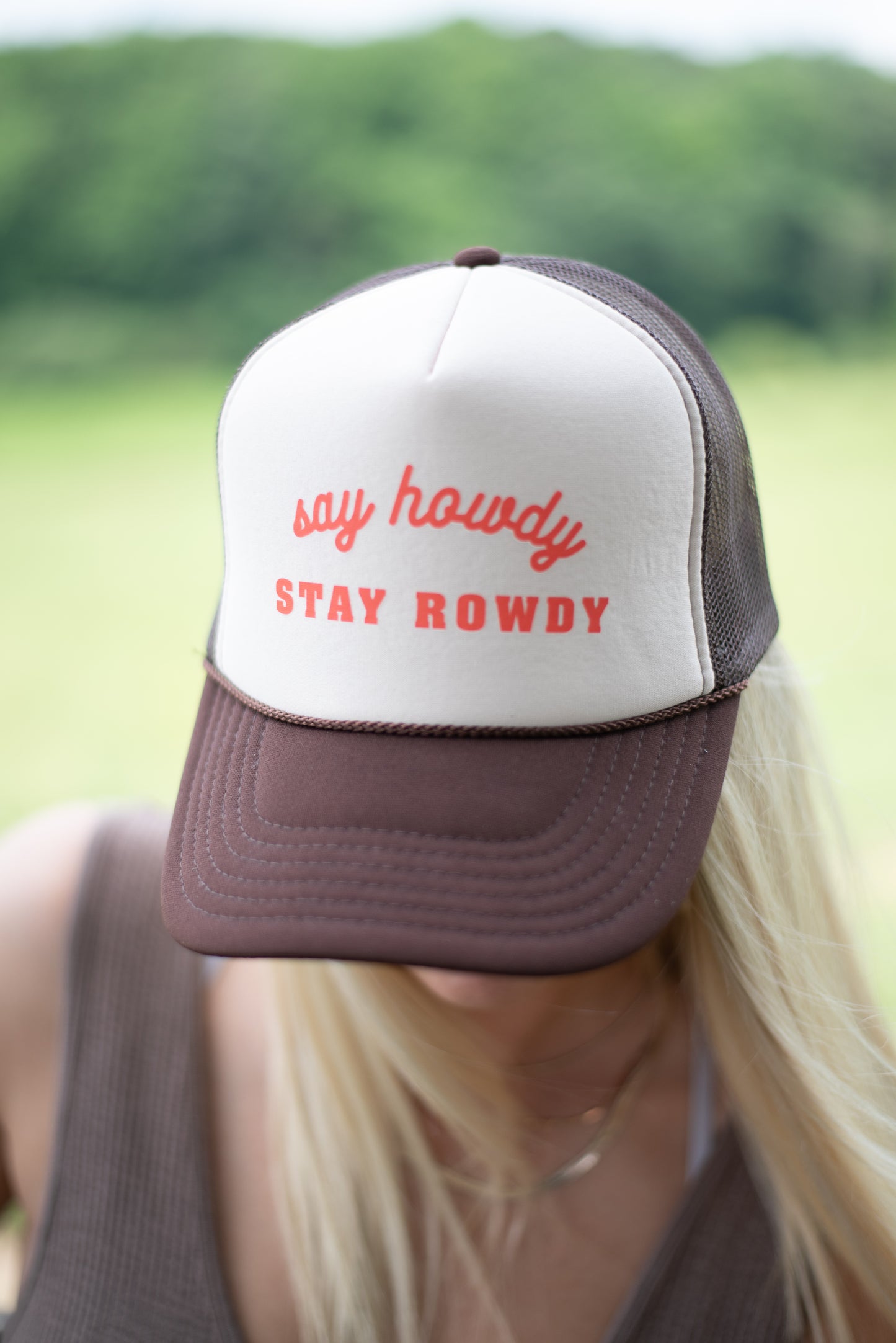 "Say Howdy Stay Rowdy" Trucker Hat - Brown/Tan