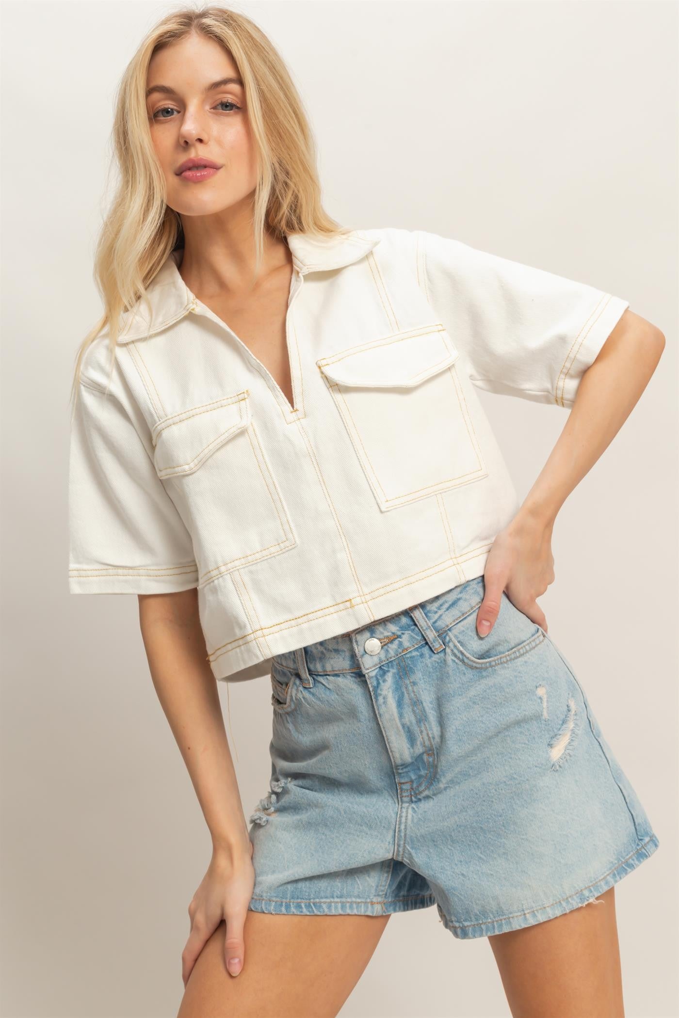 Demi Denim V-Neck Top - White