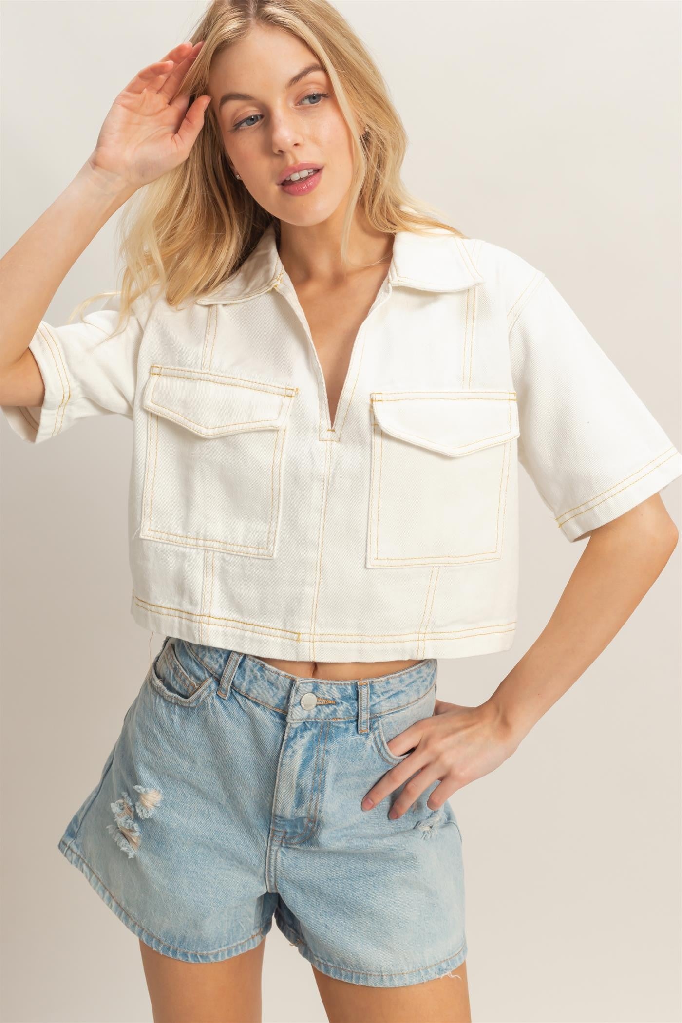 Demi Denim V-Neck Top - White