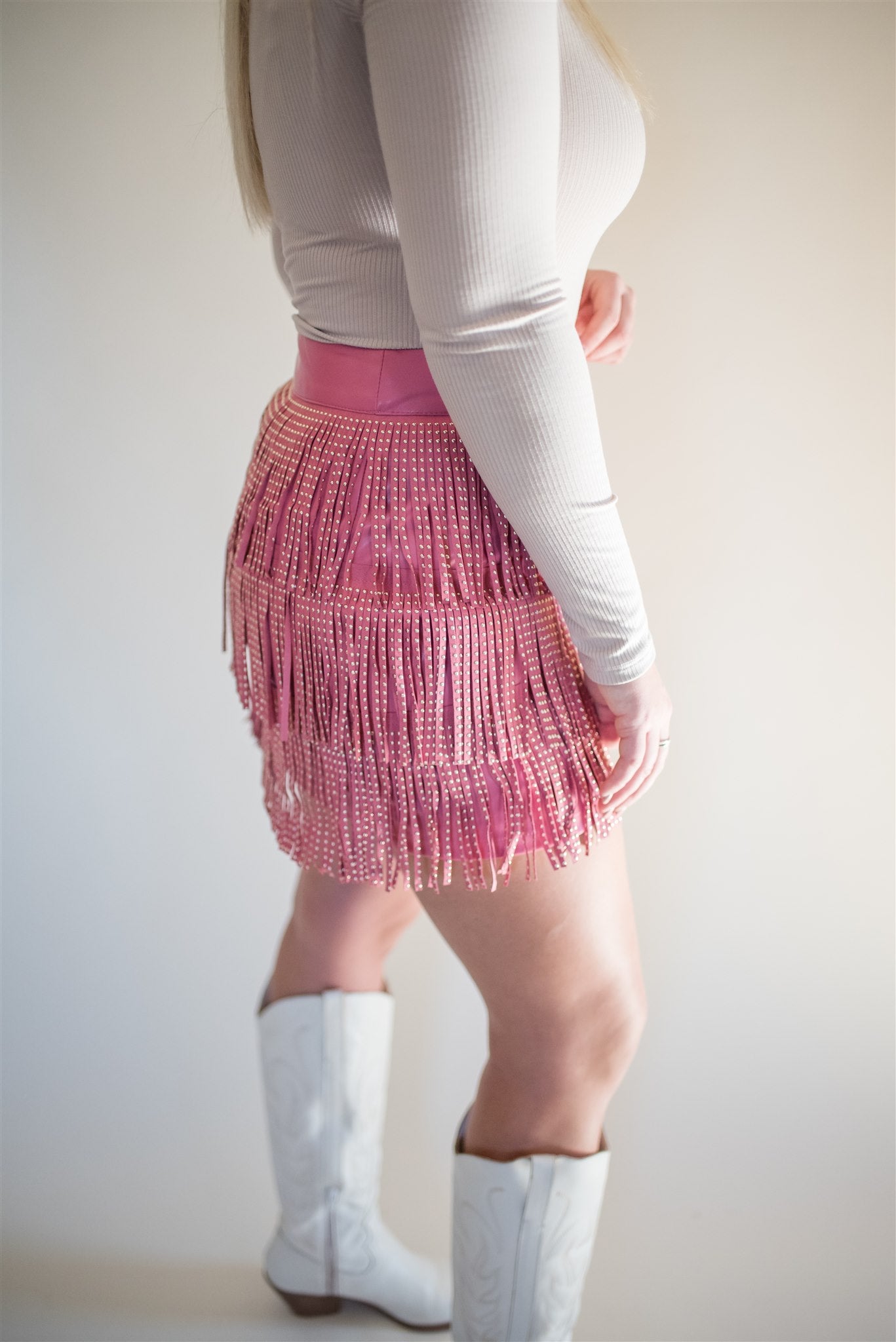 Nylon Apparel Womens Nashville Babe Rhinestone Fringe Mini Skirt- Camel Small